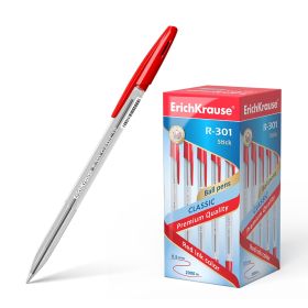 Erichkrause Boligrafo R-301 Classic Stick 1.0 - Cuerpo Transparente Hexagonal - Punta de 1.0mm - Tinta de Secado Rapido - Color Rojo