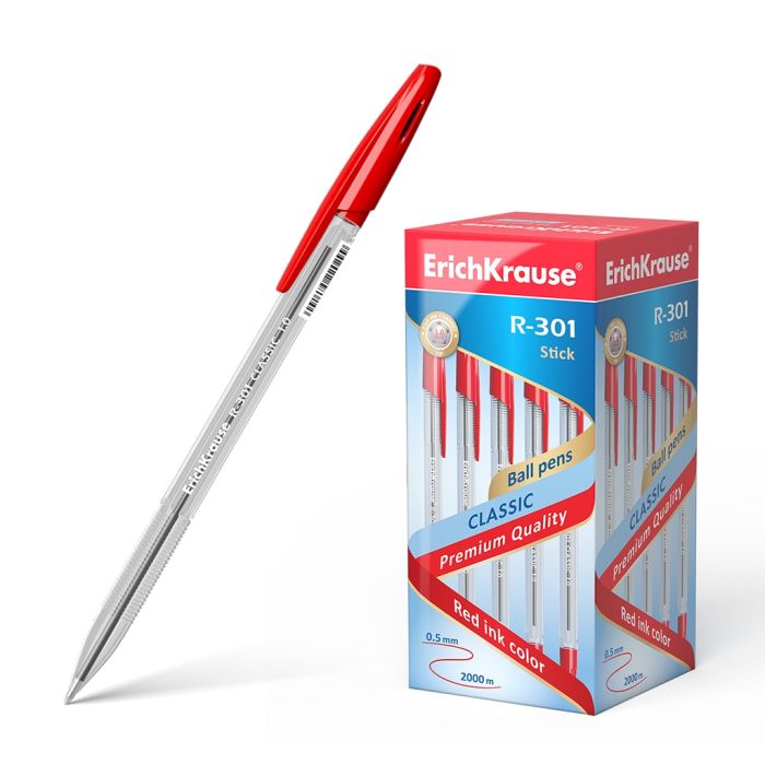 Erichkrause Boligrafo R-301 Classic Stick 1.0 - Cuerpo Transparente Hexagonal - Punta de 1.0mm - Tinta de Secado Rapido - Color Rojo