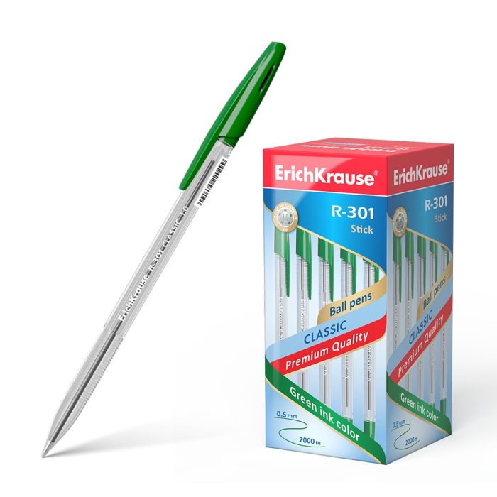 Erichkrause Boligrafo R-301 Classic Stick 1.0 - Cuerpo Hexagonal Transparente - Punta de 1.0mm - Tinta de Secado Rapido - Color Verde