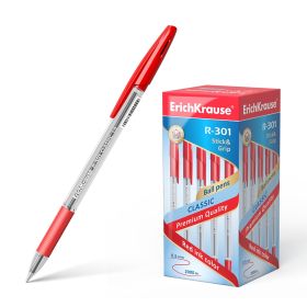 Erichkrause Boligrafo R-301 Classic Stick&Grip 10 - Cuerpo Transparente Hexagonal - Zona de Agarre de Goma - Capuchon Ventilado - Tinta Color Rojo