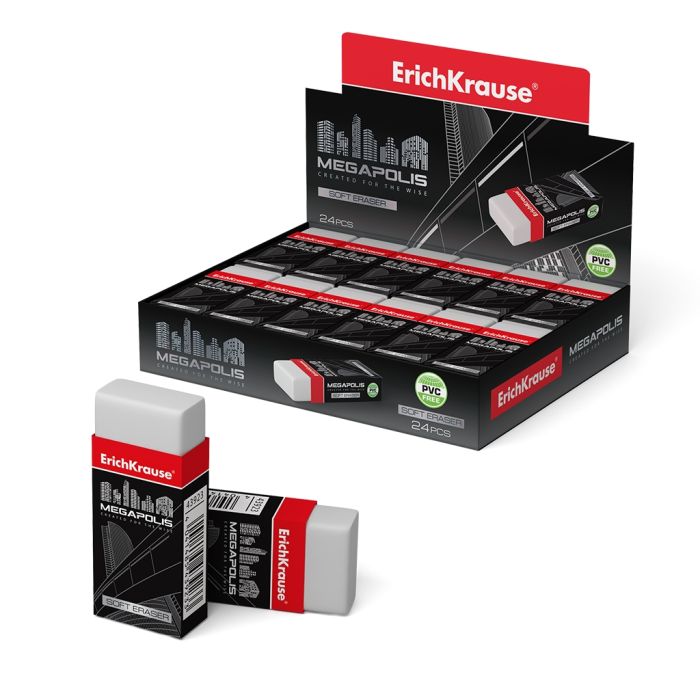 Erichkrause Megapolis Goma de Borrar Suave de Forma Clasica - Fabricada de Caucho Termoplastico Hipoalergenico - Ecologica y Moderna - Envoltorio Original de Carton - Libre de Impurezas - No Contiene Pvc - Color: N/A