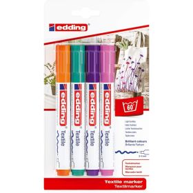 Edding 4500 Colores Divertidos Pack de 4 Rotuladores Permanentes para Textil - Punta Redonda - Trazo 2-3mm - Olor Neutro - Secado Rapido - Colores Naranja, Verde Palido, Violeta y Rosa