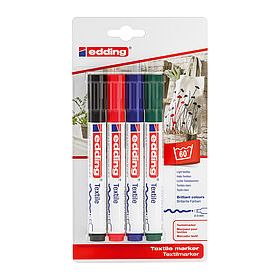 Edding 4500 Pack de 4 Rotuladores Permanentes para Textil - Punta Redonda - Trazo 2-3mm - Olor Neutro - Secado Rapido - Colores Negro, Verde, Rojo y Azul