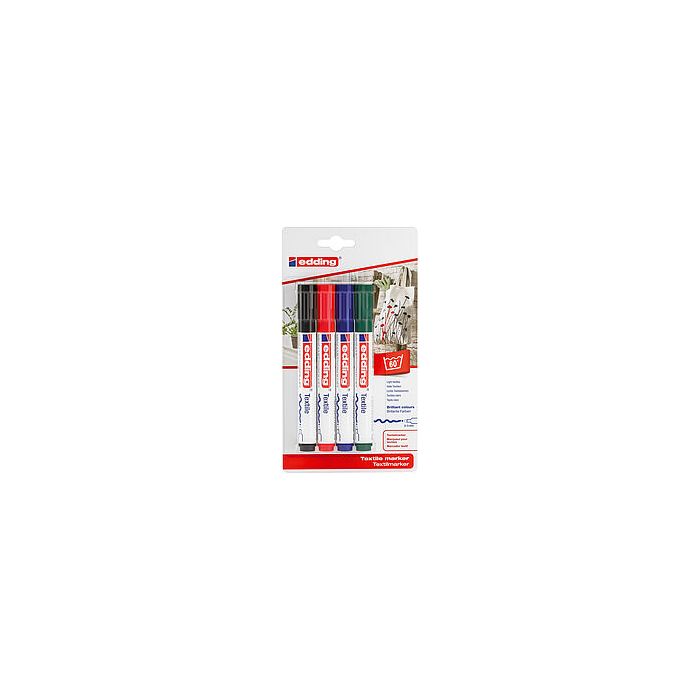 Edding 4500 Pack de 4 Rotuladores Permanentes para Textil - Punta Redonda - Trazo 2-3mm - Olor Neutro - Secado Rapido - Colores Negro, Verde, Rojo y Azul