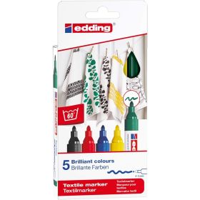 Edding 4500 Basicos Pack de 5 Rotuladores Permanentes para Textil - Punta Redonda - Trazo 2-3mm - Olor Neutro - Secado Rapido - Colores Negro, Verde, Amarillo, Rojo y Azul