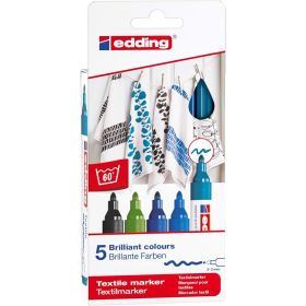 Edding 4500 Colores Frios Pack de 5 Rotuladores Permanentes para Textil - Punta Redonda - Trazo 2-3mm - Olor Neutro - Secado Rapido - Colores Negro, Azul, Azul Claro, Azul Oriental y Verde Claro