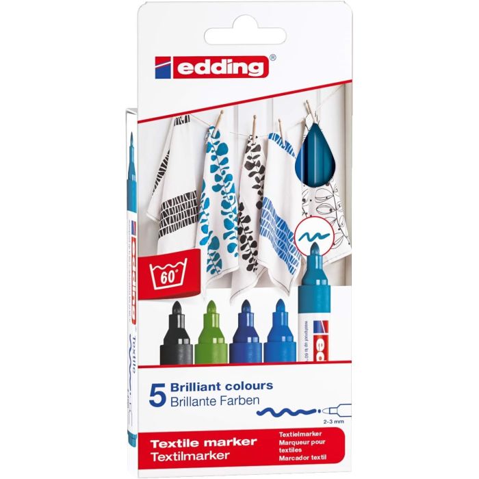 Edding 4500 Colores Frios Pack de 5 Rotuladores Permanentes para Textil - Punta Redonda - Trazo 2-3mm - Olor Neutro - Secado Rapido - Colores Negro, Azul, Azul Claro, Azul Oriental y Verde Claro