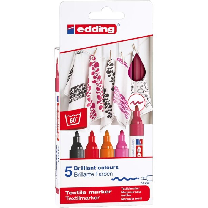Edding 4500 Colores Calidos Pack de 5 Rotuladores Permanentes para Textil - Punta Redonda - Trazo 2-3mm - Olor Neutro - Secado Rapido - Colores Negro, Rojo, Naranja, Rosa y Carmín