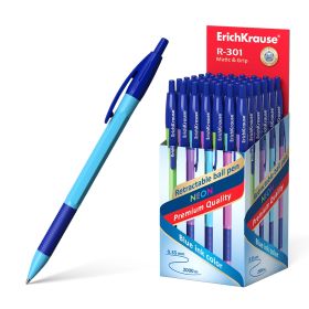 Erichkrause Boligrafo Automatico R-301 Neon Matic&Grip 0.7 - Cuerpo Hexagonal Neon - Punta de 0.7mm - Tinta de Secado Rapido - Color Azul