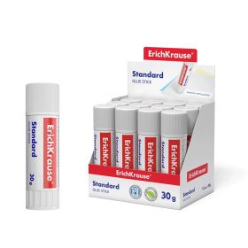 Erichkrause Pegamento en Barra Standard - 30G - Expositor 12 uds. - Pegado Rapido y Confiable - Facil de Aclarar con Agua - No Toxico - sin Disolventes - Resistente al Frio - Apto para Papel, Carton y Fotografias - Color Blanco