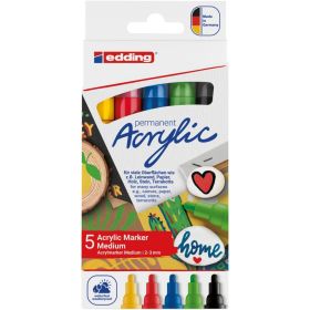 Edding 5100 Acrylic Pack de 5 Rotuladores Permanentes Acrilicos - Punta Redonda 2-3mm - Trazo Medio - Resistente a la Luz - Secado Rapido - Colores Surtidos