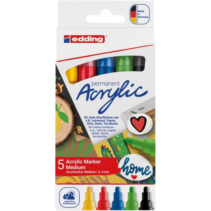 Edding 5100 Acrylic Pack de 5 Rotuladores Permanentes Acrilicos - Punta Redonda 2-3mm - Trazo Medio - Resistente a la Luz - Secado Rapido - Colores Surtidos
