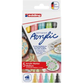 Edding 5100 Acrylic Pack de 5 Rotuladores Permanentes Acrilicos Pastel - Punta Redonda 2-3mm - Trazo Medio - Resistente a la Luz - Secado Rapido - Colores Pastel Surtidos