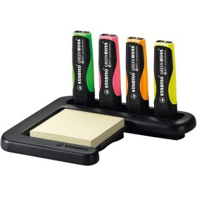 Stabilo Green Boss Set de Mesa de 4 Marcadores Fluorescentes 83% Plastico Reciclado + Bloc de Notas Adhesivas 100% Papel Reciclado - Set Fabricado 98% Plastico Reciclado - Colores Surtidos