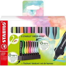 Stabilo Green Boss Set de Mesa de 8 Marcadores Fluorescentes - Fabricado con un 83% de Plastico Reciclado - Trazo entre 2 y 5mm - Recargable - Colores Surtidos