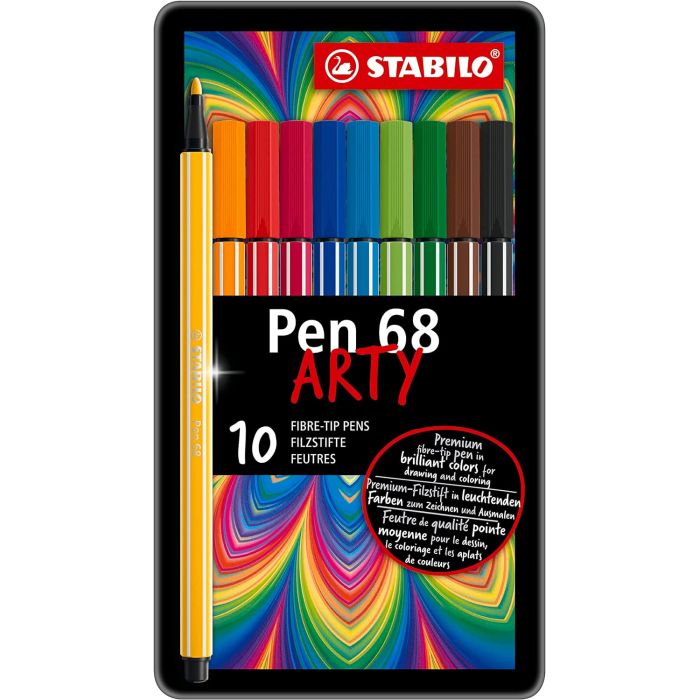 Stabilo Pen 68 Arty Caja Metalica de 10 Rotuladores - Punta de Fibra - Trazo de 1mm aprox. - Tinta a Base de Agua - Capuchon Ventilado - Colores Surtidos