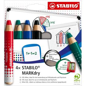 Stabilo MARKdry Pack de 4 Marcadores para Pizarra + Sacapuntas + Paño de Limpieza - Mina XXL de 10mm - Madera 100% Certificada PRFC - Colores Azul, Verde, Rojo y Negro