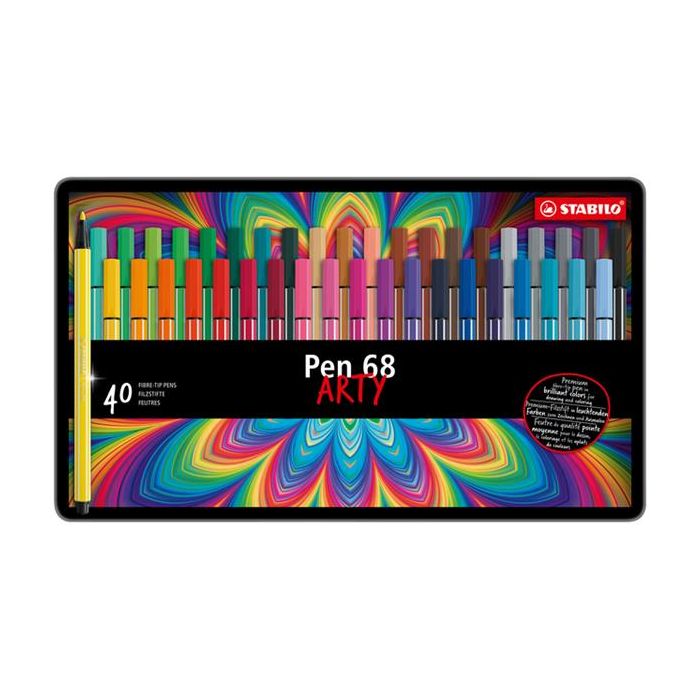 Stabilo Pen 68 Arty Caja Metalica de 40 Rotuladores - Punta de Fibra - Trazo de 1mm aprox. - Tinta a Base de Agua - Capuchon Ventilado - Colores Surtidos