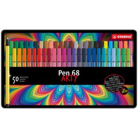 Stabilo Pen 68 Arty Caja Metalica de 50 Rotuladores - Punta de Fibra - Trazo de 1mm aprox. - Tinta a Base de Agua - Capuchon Ventilado - Colores Surtidos