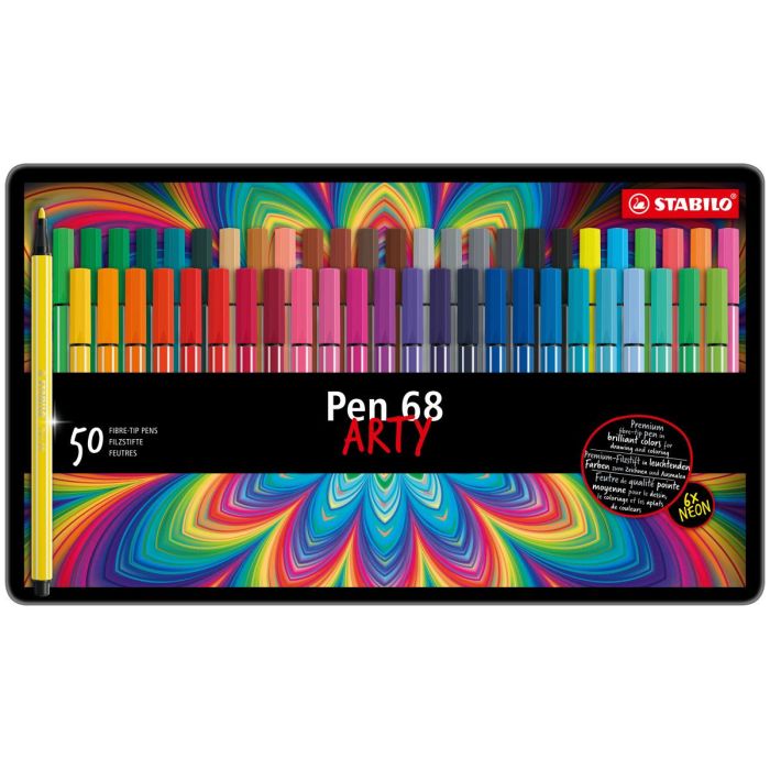 Stabilo Pen 68 Arty Caja Metalica de 50 Rotuladores - Punta de Fibra - Trazo de 1mm aprox. - Tinta a Base de Agua - Capuchon Ventilado - Colores Surtidos