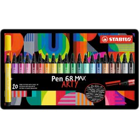 Stabilo Pen 68 MAX Arty Caja Metalica de 20 Rotuladores - Punta de Fibra Biselada - Trazo entre 1-5mm aprox. - Tinta a Base de Agua - Colores Surtidos
