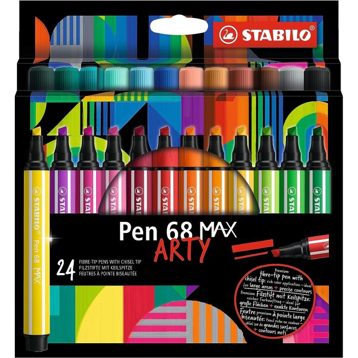Stabilo Pen 68 MAX Arty Pack de 24 Rotuladores - Punta de Fibra Biselada - Trazo entre 1-5mm aprox. - Tinta a Base de Agua - Colores Surtidos