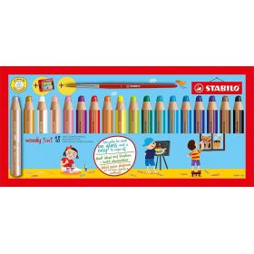 Stabilo Woddy 3 en 1 Pack de 18 Lapices de Colores + Sacapuntas + Pincel Nº 8 - Lapiz de Color, Cera y Acuarela, Todo en Uno - Mina XXL 10mm - Colores Surtidos