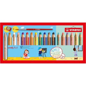 Stabilo Woddy 3 en 1 Pack de 18 Lapices de Colores Incluidos Pastel + Sacapuntas + Pincel Nº 8 - Lapiz de Color, Cera y Acuarela, Todo en Uno - Mina XXL 10mm - Colores Surtidos