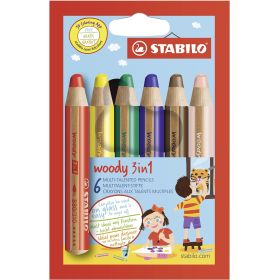 Stabilo Woddy 3 en 1 Pack de 6 Lapices de Colores - Lapiz de Color, Cera y Acuarela, Todo en Uno - Mina XXL 10mm - Colores Surtidos
