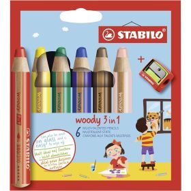 Stabilo Woddy 3 en 1 Pack de 6 Lapices de Colores + Sacapuntas - Lapiz de Color, Cera y Acuarela, Todo en Uno - Mina XXL 10mm - Colores Surtidos