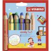 Stabilo Woddy 3 en 1 Pack de 6 Lapices de Colores + Sacapuntas - Lapiz de Color, Cera y Acuarela, Todo en Uno - Mina XXL 10mm - Colores Surtidos