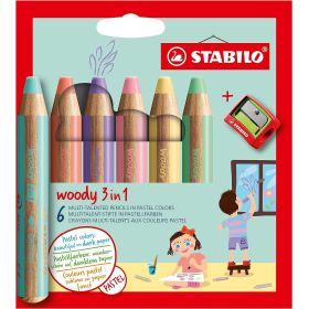 Stabilo Woddy 3 en 1 Pack de 6 Lapices de Colores Pastel + Sacapuntas - Lapiz de Color, Cera y Acuarela, Todo en Uno - Mina XXL 10mm - Colores Surtidos Pastel