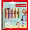 Stabilo Woddy 3 en 1 Pack de 6 Lapices de Colores Pastel + Sacapuntas - Lapiz de Color, Cera y Acuarela, Todo en Uno - Mina XXL 10mm - Colores Surtidos Pastel