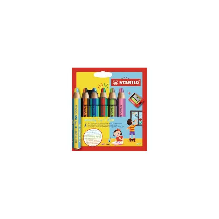 Stabilo Woddy 3 en 1 Duo Pack de 6 Lapices de Colores + Sacapuntas - Mina 2 Colores XXL 10mm - Lapiz de Color, Cera  Acuarela, Todo en Uno - Colores Surtidos