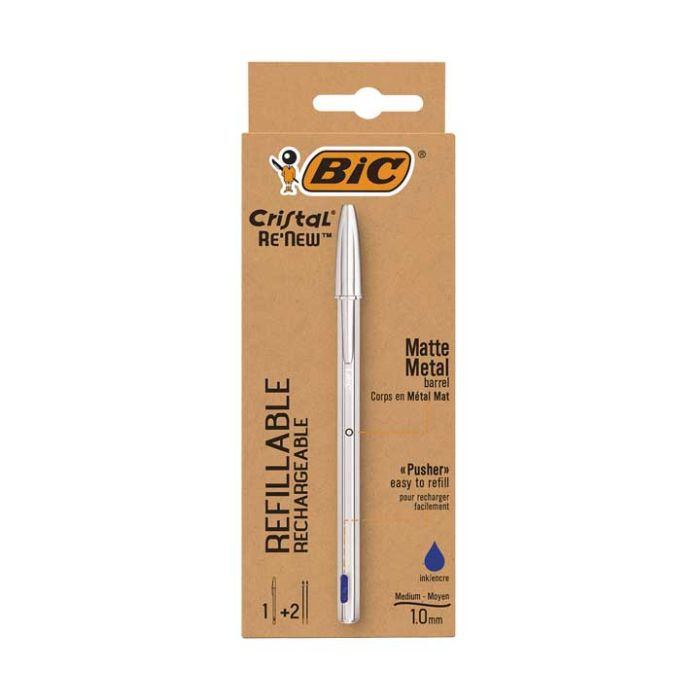 Bic Cristal Re´new Pack de Boligrafo Recargable de Bola + 2 Recambios - Punta Redonda de 1.0mm - Trazo 0.32mm - Tinta con Base de Aceite - Cuerpo Metalico - Color Azul