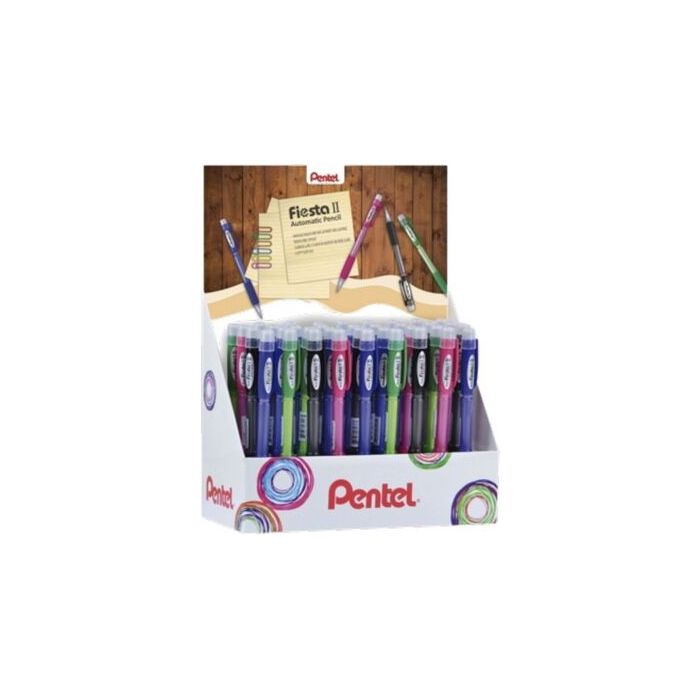 Pentel Fiesta II Expositor de 36 Portaminas HB 0.5mm con Goma - Incluye 2 Recargas - Grip de Goma - Diseño Ergonomico - Colores Surtidos