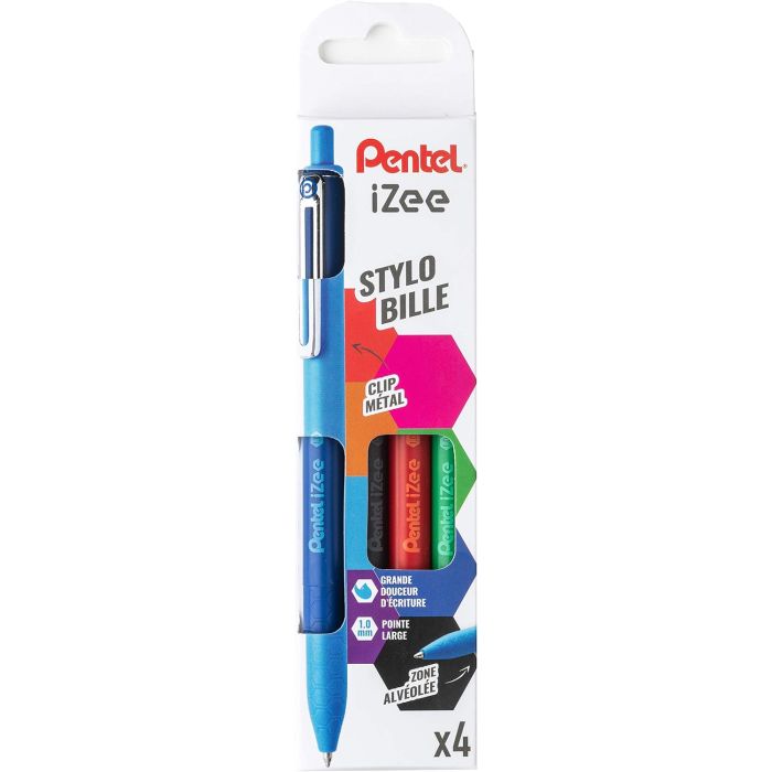 Pentel iZee Pack de 4 Boligrafos de Bola Retractiles - Punta 0.7mm - Trazo 0.35mm - Clip de Metal - Colores Negro, Azul, Rojo y Verde