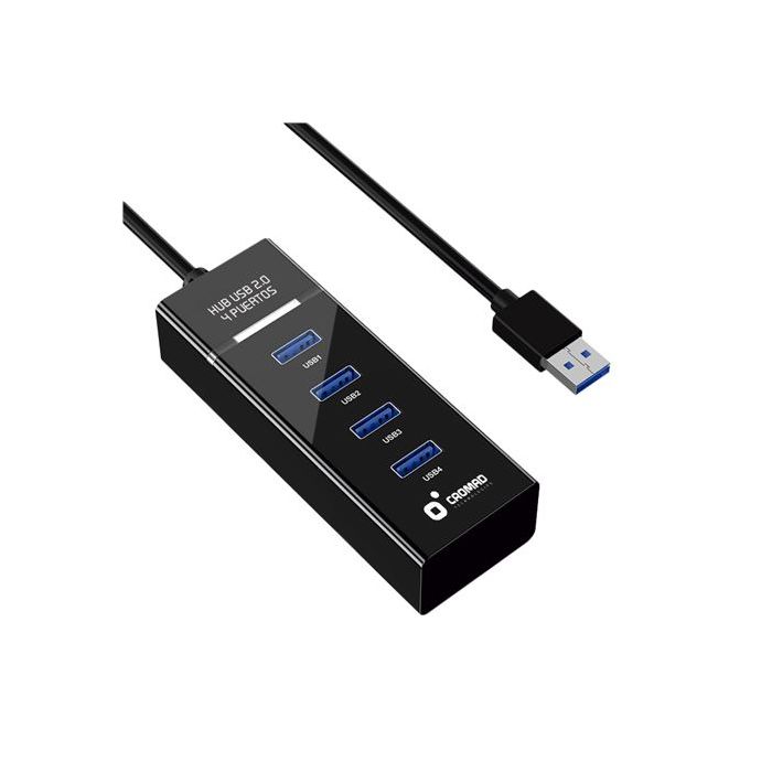 Cromad Cable USB 2.0 - Longitud 30cm - Indicador LED - Velocidad de Transferencia 480 Mbps - 4 Puertos - Sin Instalacion - Compatible con Todos los Sistemas Operativos - Color Negro
