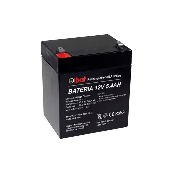 Elbat Bateria de Plomo 12V 5.4Ah VRLA Agm - Dimensiones 90X70X101mm - Tecnologia de Seguridad VRLA - Color Negro