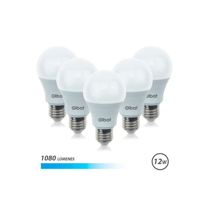 Elbat Pack 5 Unidades - Potencia 12W - Lumenes 1080 - Tipo de Luz 6500K Luz Fria - Casquillo E27 - Angulo 220º - Dimensiones 60X120mm - 30.000 Horas de Vida - 15.000 Encendidos