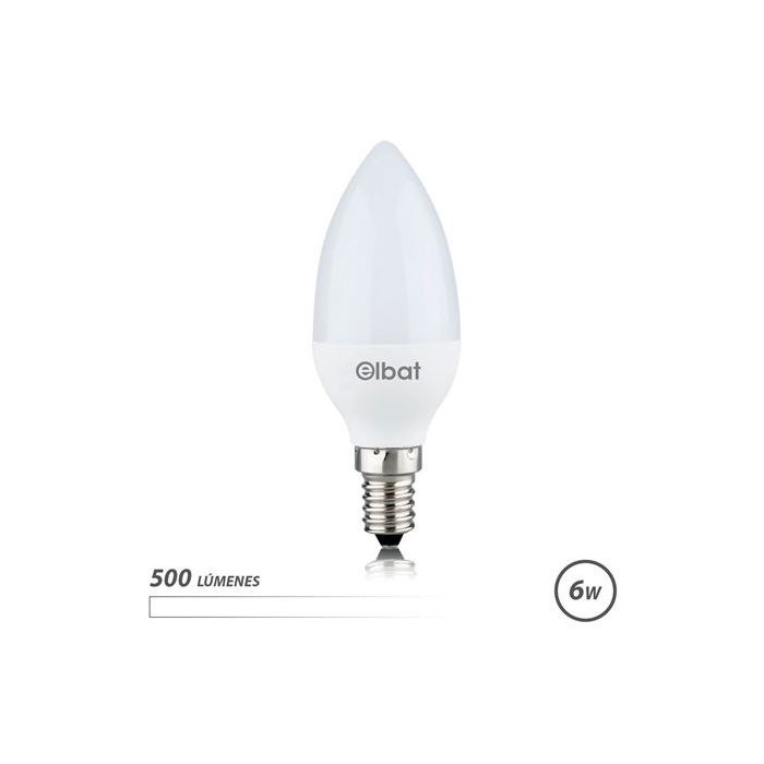 Elbat Bombilla LED - Potencia: 6W - Lumenes: 500 - Tipo de Luz: 4000K Luz Blanca - Casquillo: E14 - Angulo: 180º - Dimensiones: 37X100mm - 30.000 Horas de Vida - 15.000 Encendidos - Color Blanco
