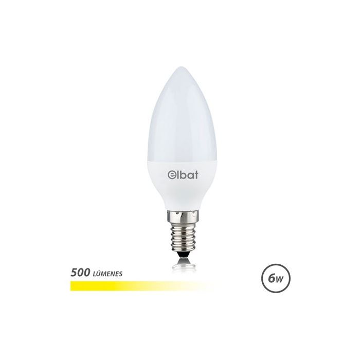 Elbat Bombilla LED - Potencia 6W - Lumenes 500 - Tipo de Luz 3000K Luz Calida - Casquillo E14 - Angulo 180º - Dimensiones 37X100mm - 30.000 Horas de Vida - 15.000 Encendidos - Color Blanco