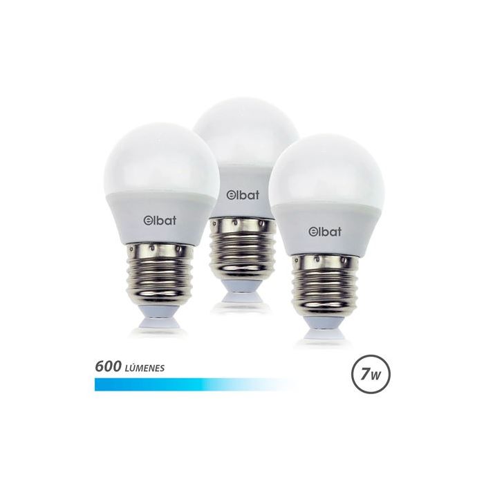 Elbat Pack 3 Bombillas - Potencia 7W - Lumenes 600 - Tipo de Luz 6500K Luz Fria - Casquillo E27 - Angulo 220º - Dimensiones 45X78mm - 30.000 Horas de Vida - 15.000 Encendidos