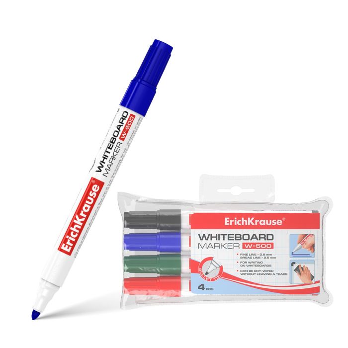Erichkrause Pack de 4 Marcadores Pizarra W-500 - Punta en Forma de Bala Resistente al Daño - Ancho de Escritura de 08 a 25 mm - Tintas a Base de Alcohol - Color Negro, Azul, Rojo, Verde - No Toxico - sin Xileno - Almacenamiento Horizontal