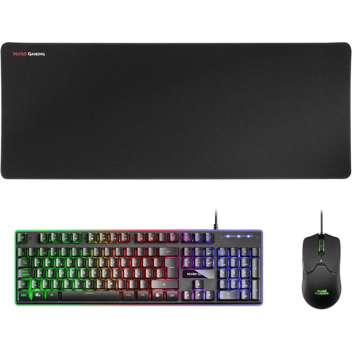 Mars Gaming Pack Premium 3 en 1 Teclado hibrido H-MECH, Raton Ultra Ligero 10K y Alfombrilla XXL - Compatibilidad Universal - Tecnologia H-MECH - Iluminacion FRGB Rainbow - Sensor Optico 10000 DPI - Switches Mecanicos KAILH - Color Negro