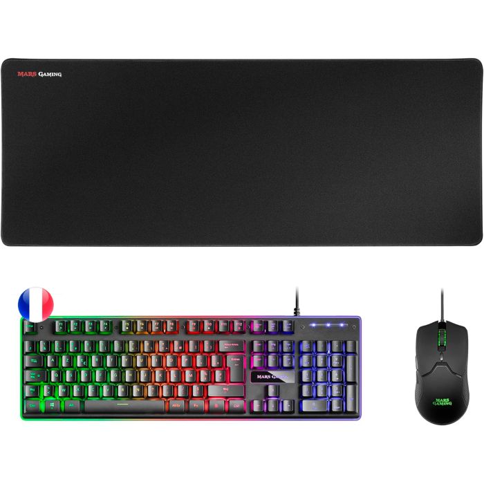 Mars Gaming Pack Premium Teclado Hibrido H-MECH - Raton Ultra Ligero 10K - Alfombrilla XXL - Compatibilidad Universal - Tecnologia H-MECH - Iluminacion FRGB Rainbow - Raton 69g con Cable Feather - Sensor Optico de 10000 DPI - Switches Mecanicos KAILH - C