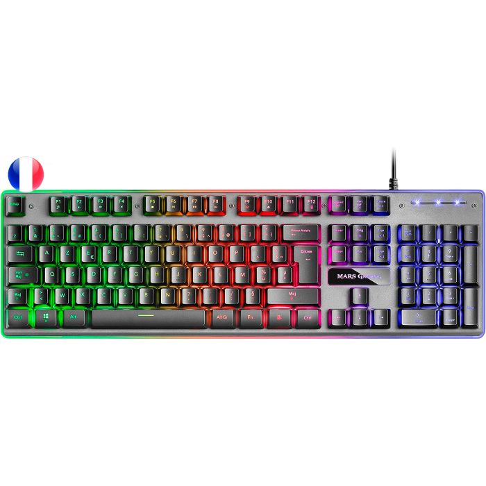 Mars Gaming Teclado Gaming MK220 - Tecnologia H-MECH - Iluminacion FRGB Rainbow - Panel de Aluminio - Base de ABS Reforzado - Diseño Completo - Material Aluminio + ABS - Longitud del Cable 150cm - Frances - Color Negro