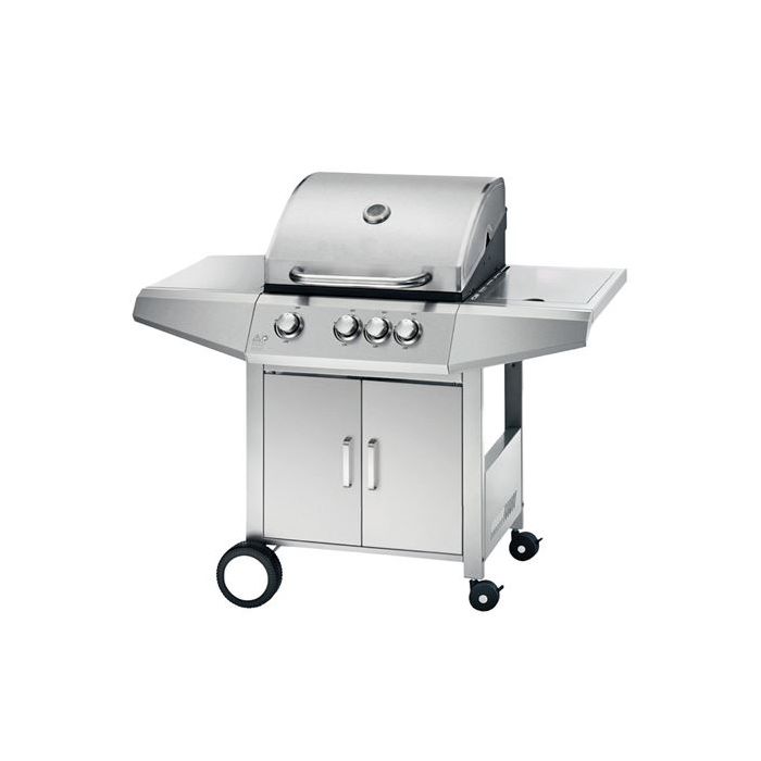 Muvip Barbacoa Gas Inox 4 Fuegos - Estructura de Acero Inoxidable - 3 Fuegos Centrales + 1 Fuego Lateral - 2 Rejillas Esmaltadas - Bandeja Lateral - Asa Tacto Frio - Ruedas de Transporte - Color Plateado