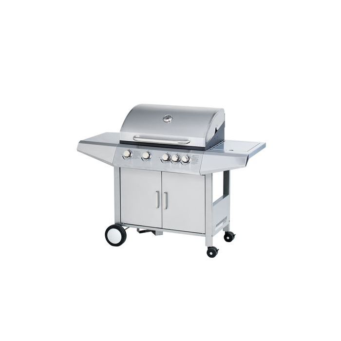 Muvip Barbacoa Gas Inox 5 Fuegos - Estructura Acero Inoxidable - 4 Fuegos Centrales + 1 Fuego Lateral - Rejillas Esmaltadas - Bandeja Lateral - Asa Tacto Frio - Ruedas Transporte - Color Plateado
