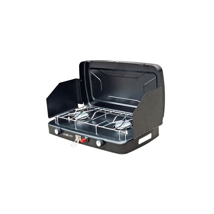 Muvip Cocina de Gas 2 Fuegos + Protectores Contra Viento - Protectores contra el Viento - Base Antideslizante - Color Negro